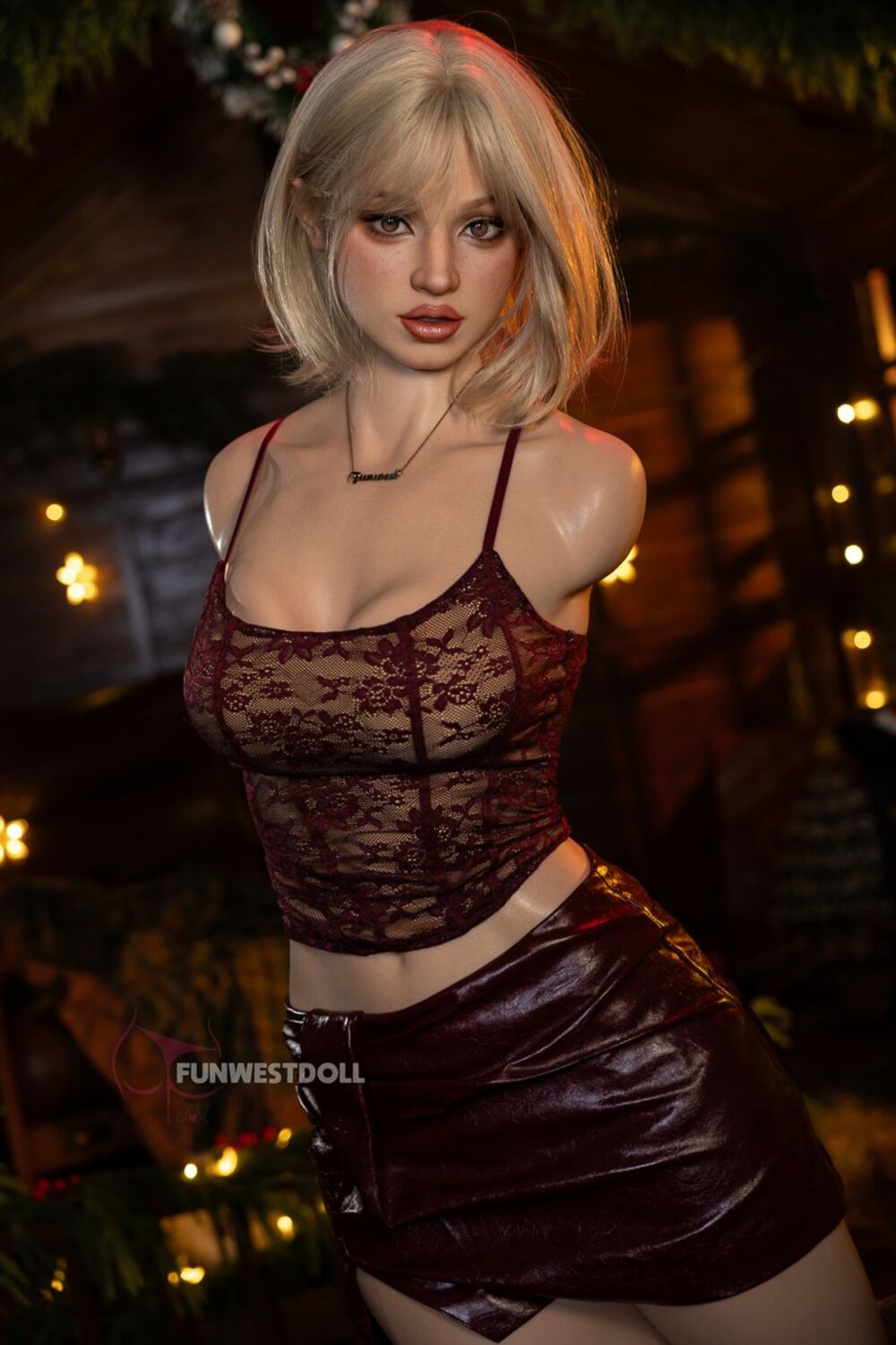 Lyra by FunWest Dolls, burgundy top and glossy skirt