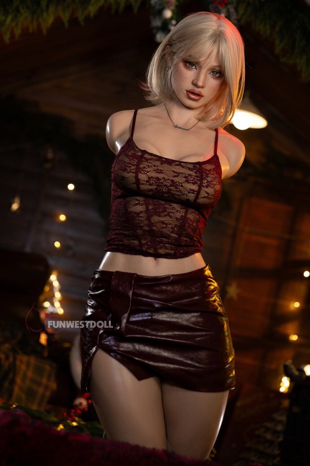 Lyra by FunWest Dolls, burgundy skirt beside string lights