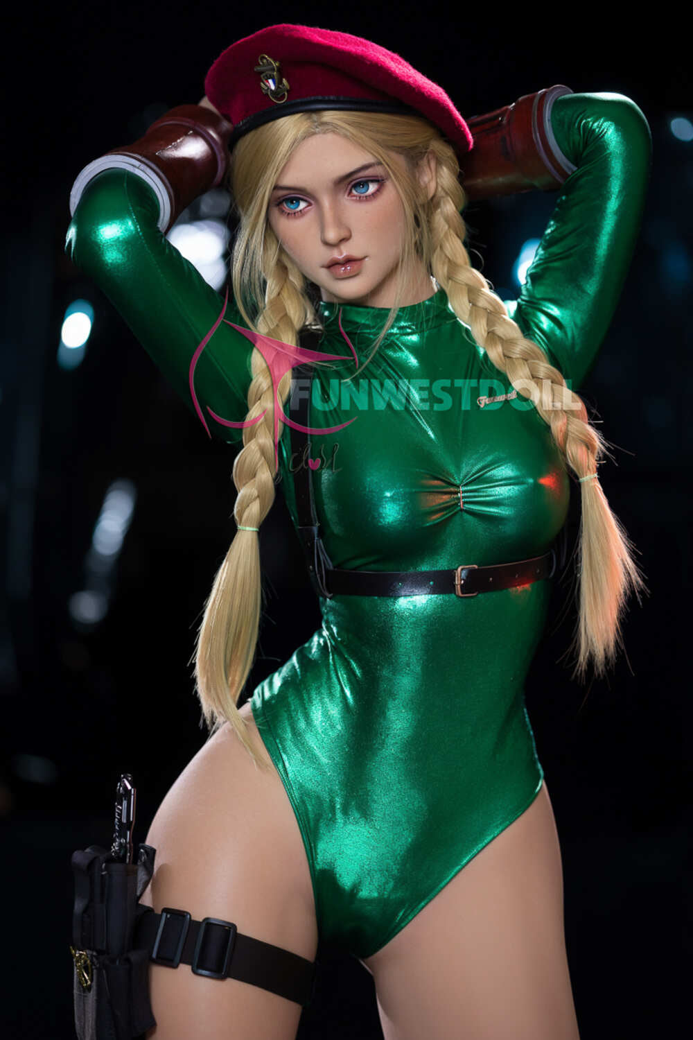 Lily by FunWest Dolls, green costume portrait with arms raised