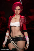 Sophiemina by FunWest Dolls, red jacket and magenta hair against a dark backdrop
