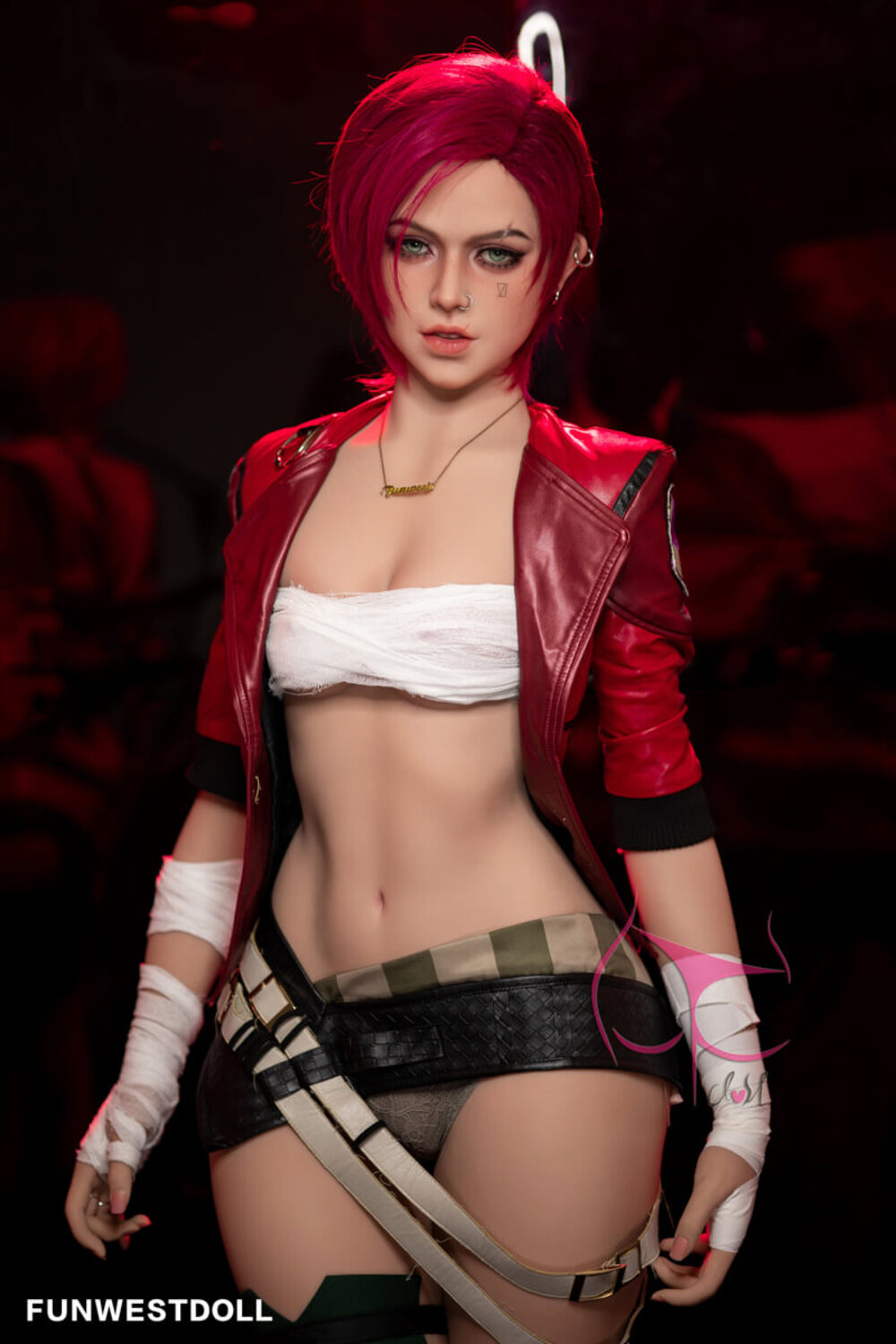 Sophiemina by FunWest Dolls, red jacket and magenta hair against a dark backdrop