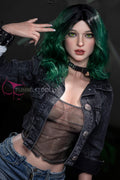 Alexa by FunWest Dolls, green-haired portrait with dark denim jacket