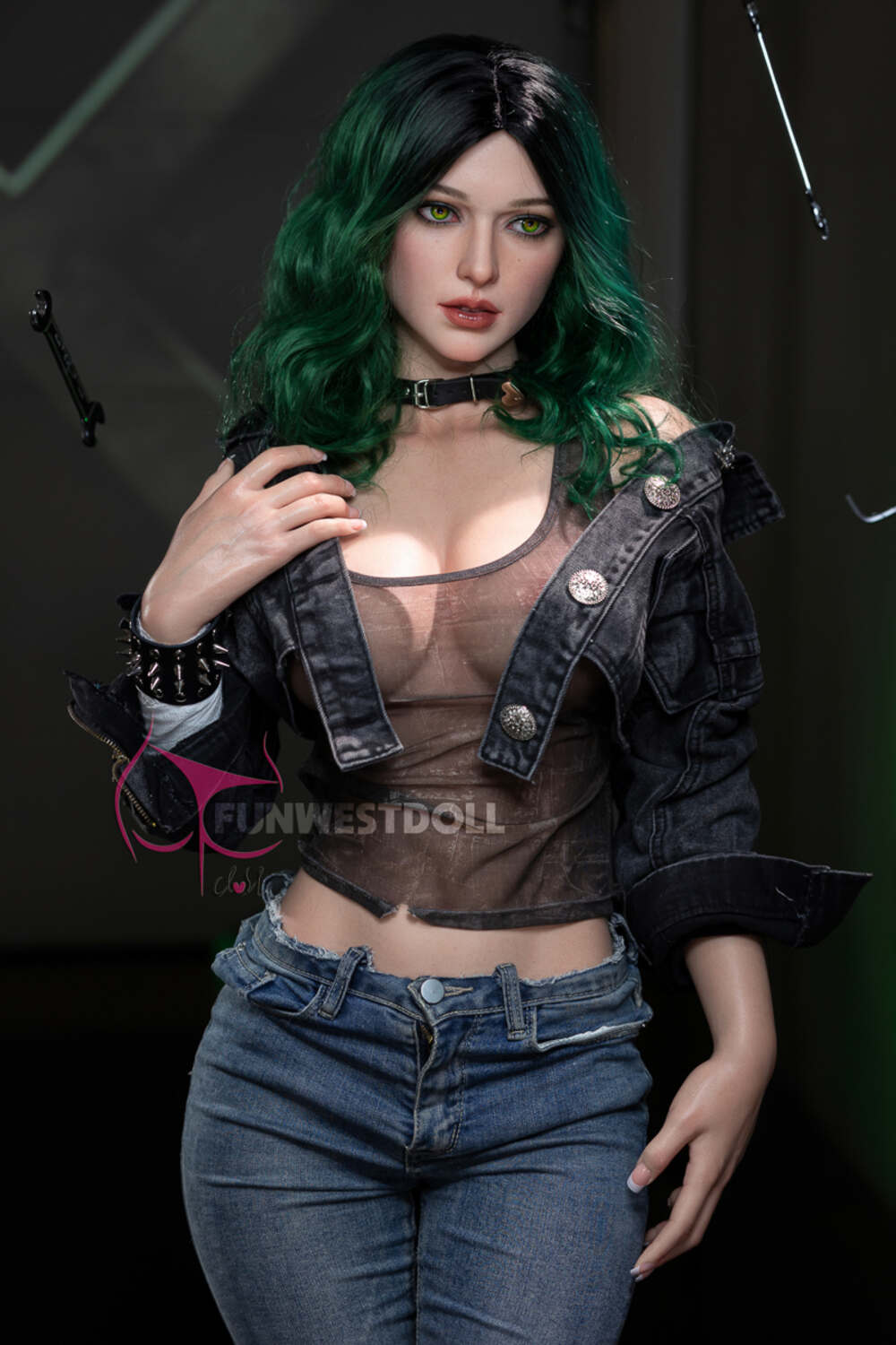 Alexa by FunWest Dolls, standing in jacket and blue jeans