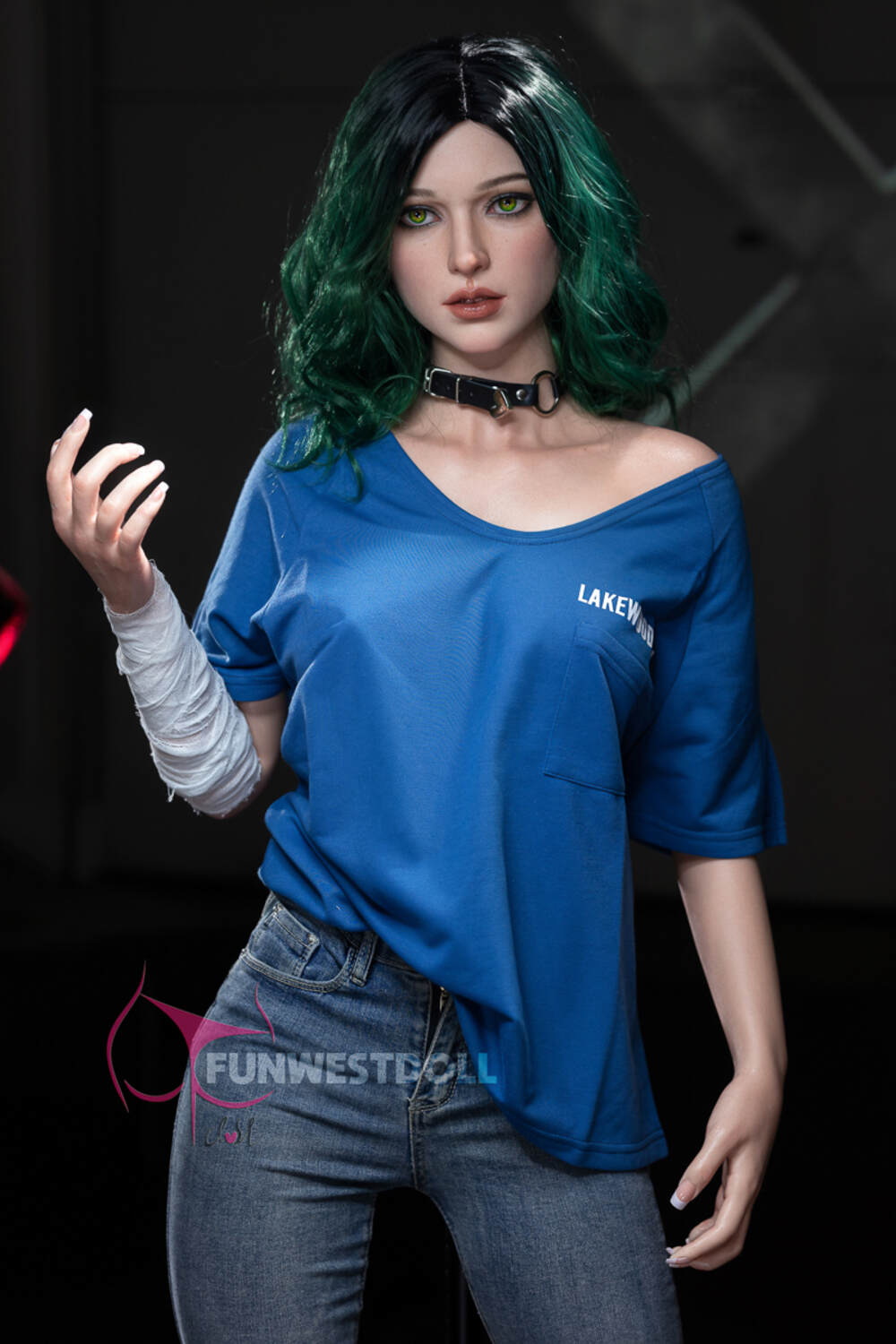 Alexa by FunWest Dolls, blue T-shirt and jeans against dark backdrop