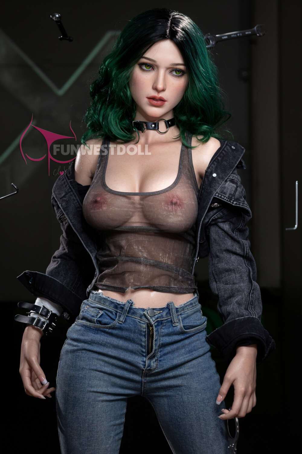 Alexa by FunWest Dolls, standing front view against industrial backdrop