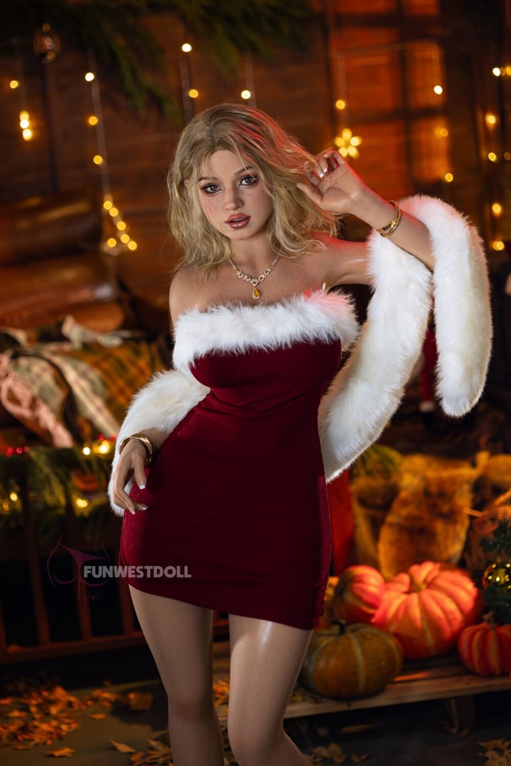Lyra by FunWest Dolls, burgundy and white holiday outfit