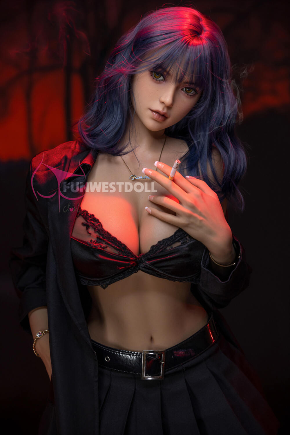 Lily by FunWest Dolls, portrait with blue-black hair and belt