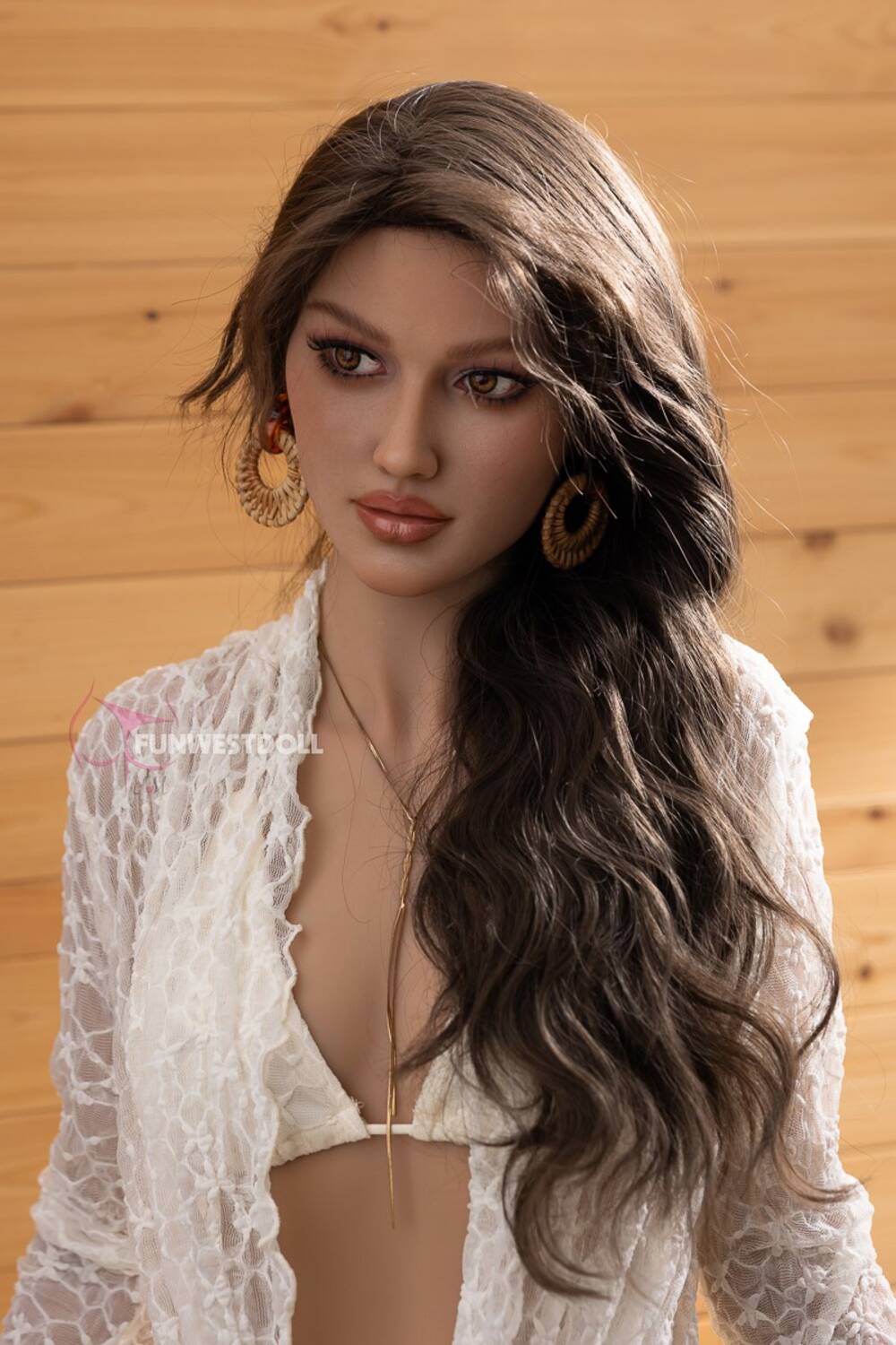 Skylar by FunWest Dolls, portrait with round gold-tone earrings