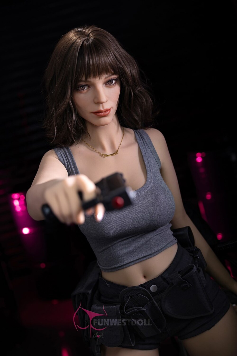 Eve by FunWest Dolls, portrait in a gray tank holding a costume prop