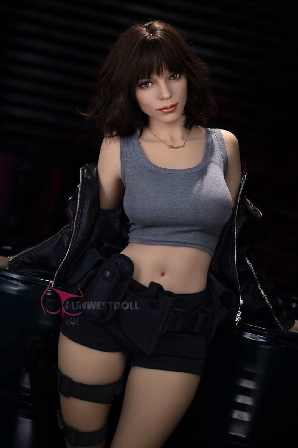 Eve by FunWest Dolls, front view in a gray tank and black jacket