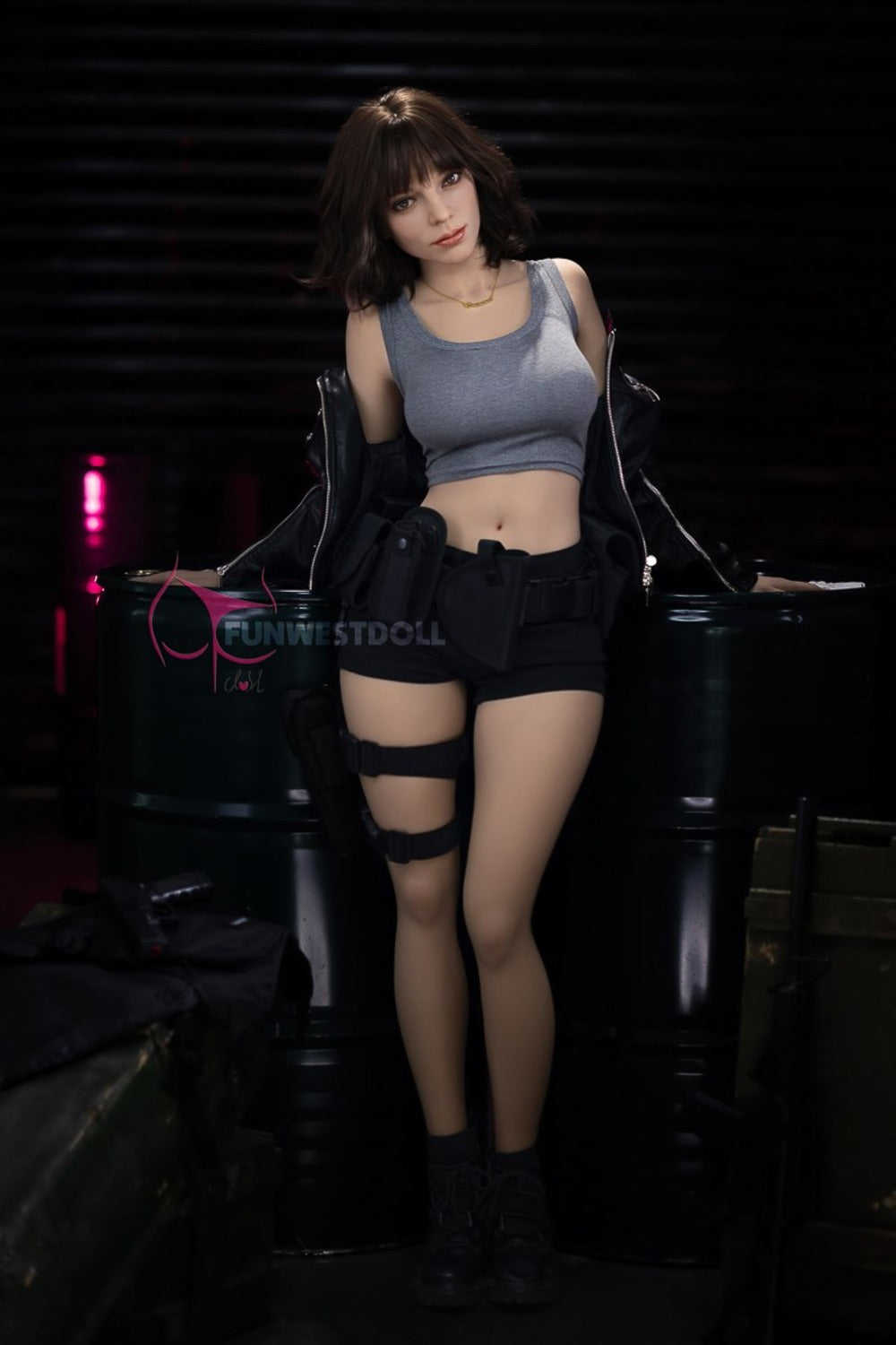 Eve by FunWest Dolls, standing between barrels with magenta lighting