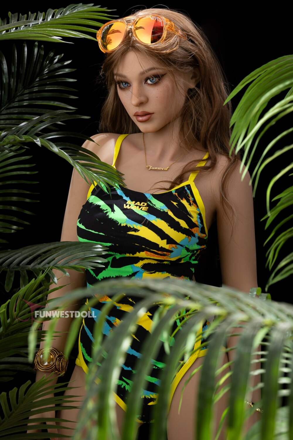 Sheila by FunWest Dolls, three-quarter view in a patterned one-piece