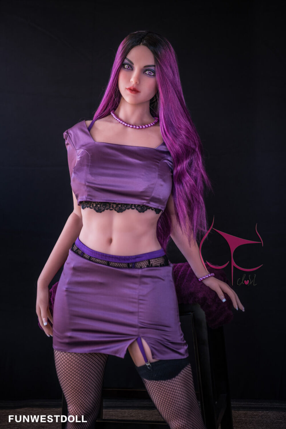 Leila by FunWest Dolls, standing in purple satin styling
