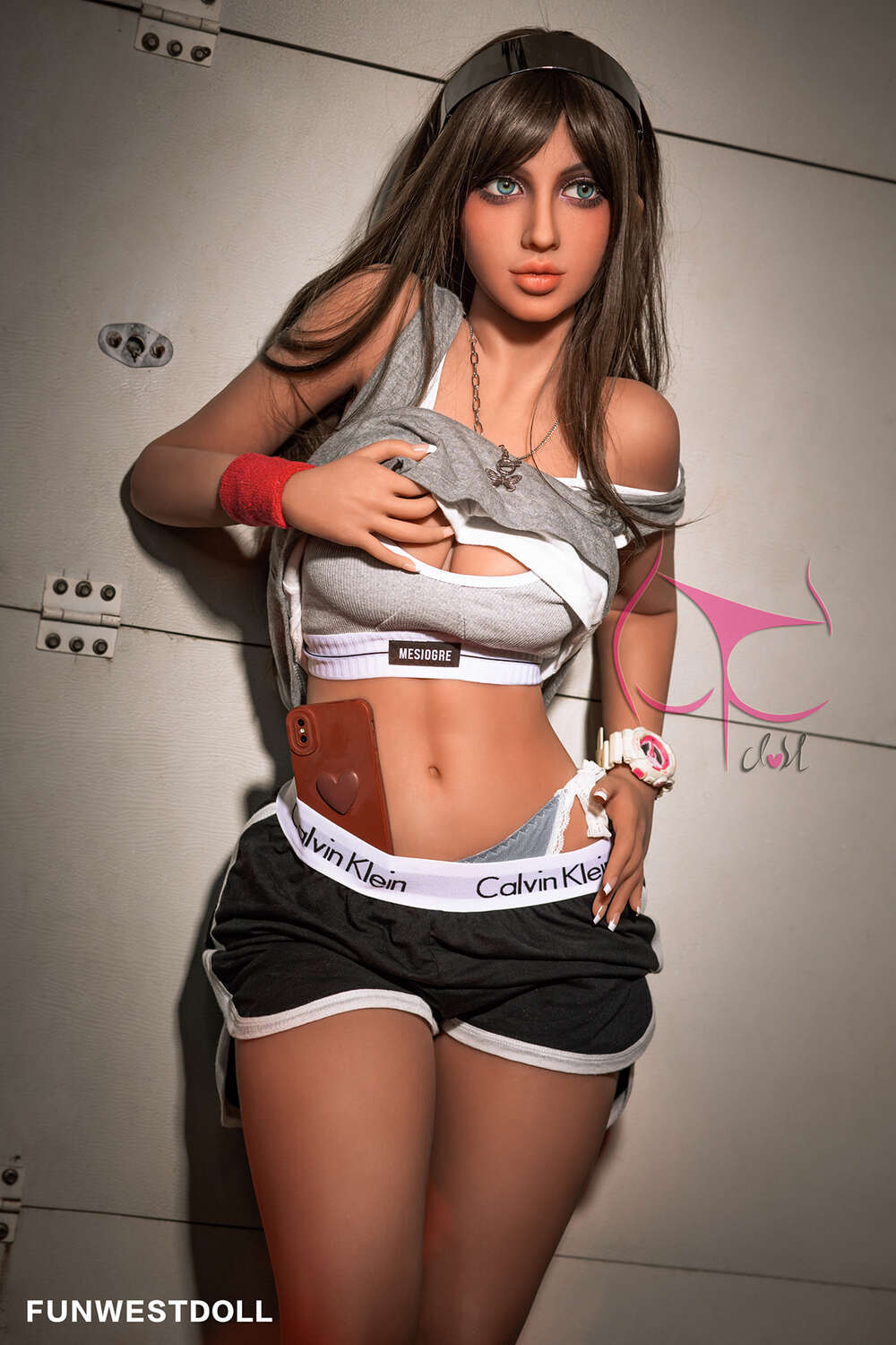Adele by FunWest Dolls, sporty outfit beside gray panels