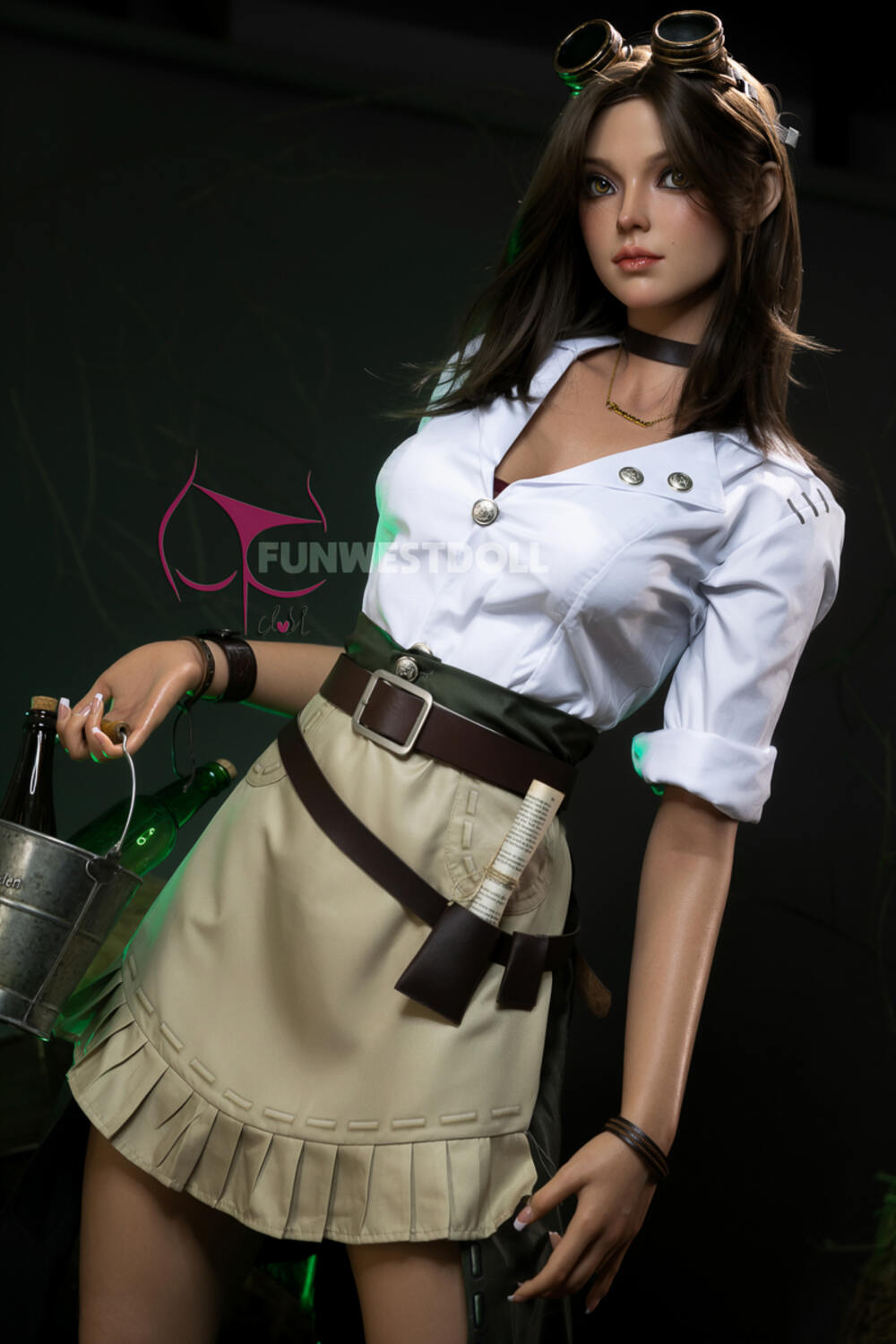 Lexie by FunWest Dolls, standing in an olive skirt and wide belt