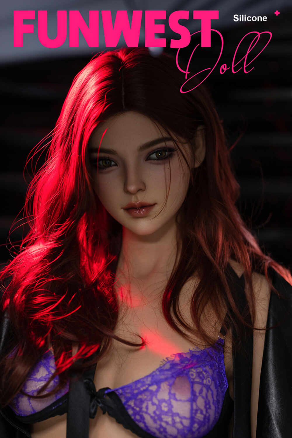 Lexie by FunWest Dolls, face close-up against a dark backdrop