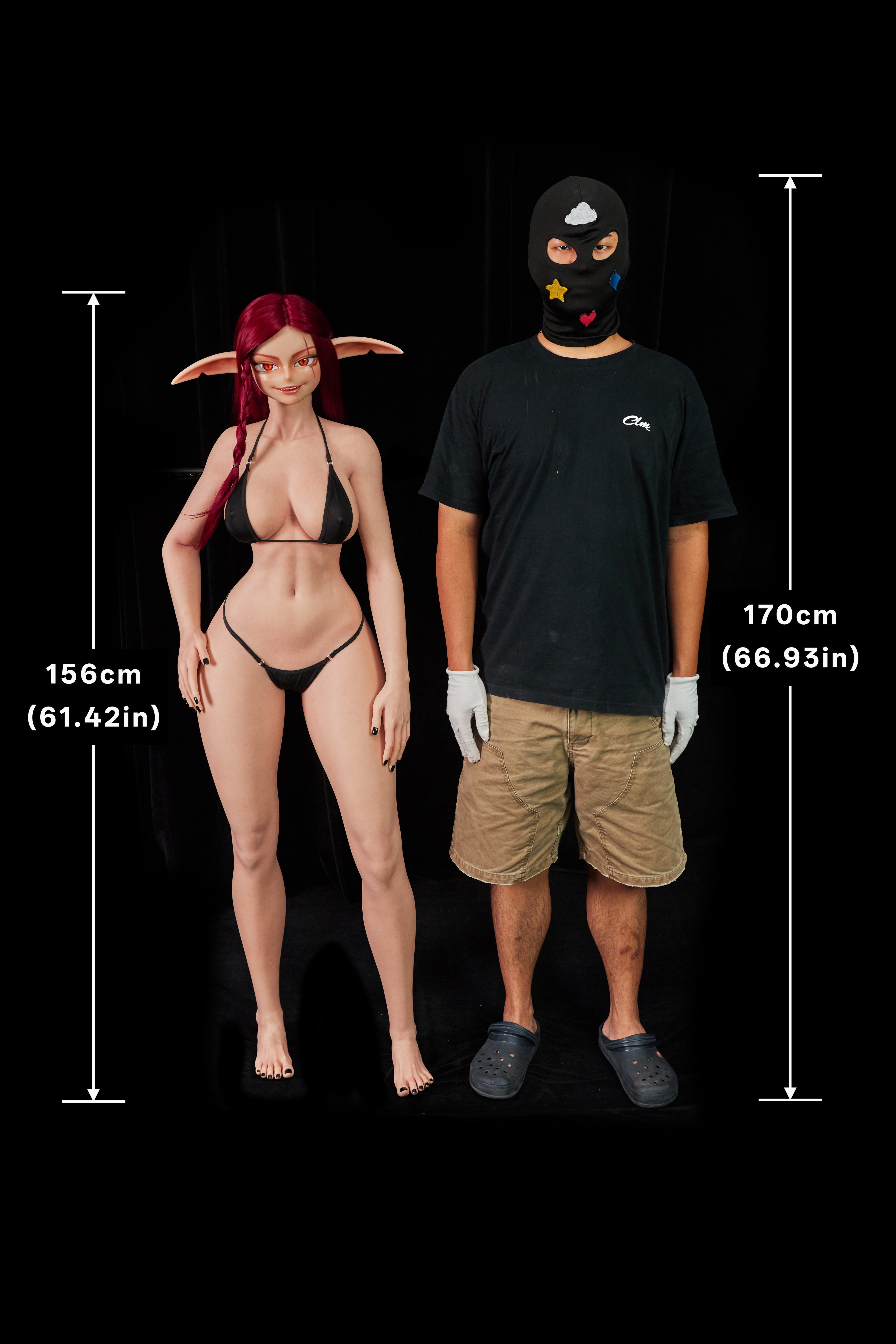 Climax Doll Bina 156cm F-Cup silicone companion doll, Nature skin, adult factory front scale photo, 156 cm next to 170 cm