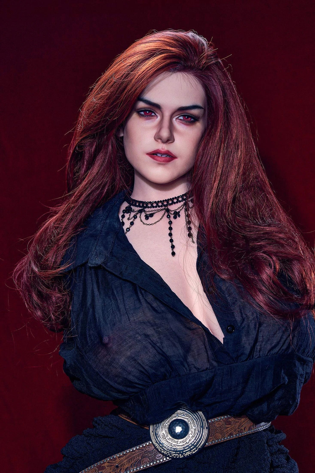 Erovenus Selene silicone torso with auburn hair and black gothic styling, alternate detail view