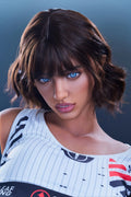 Erovenus Nancy silicone torso with short brown hair and tan skin, front portrait