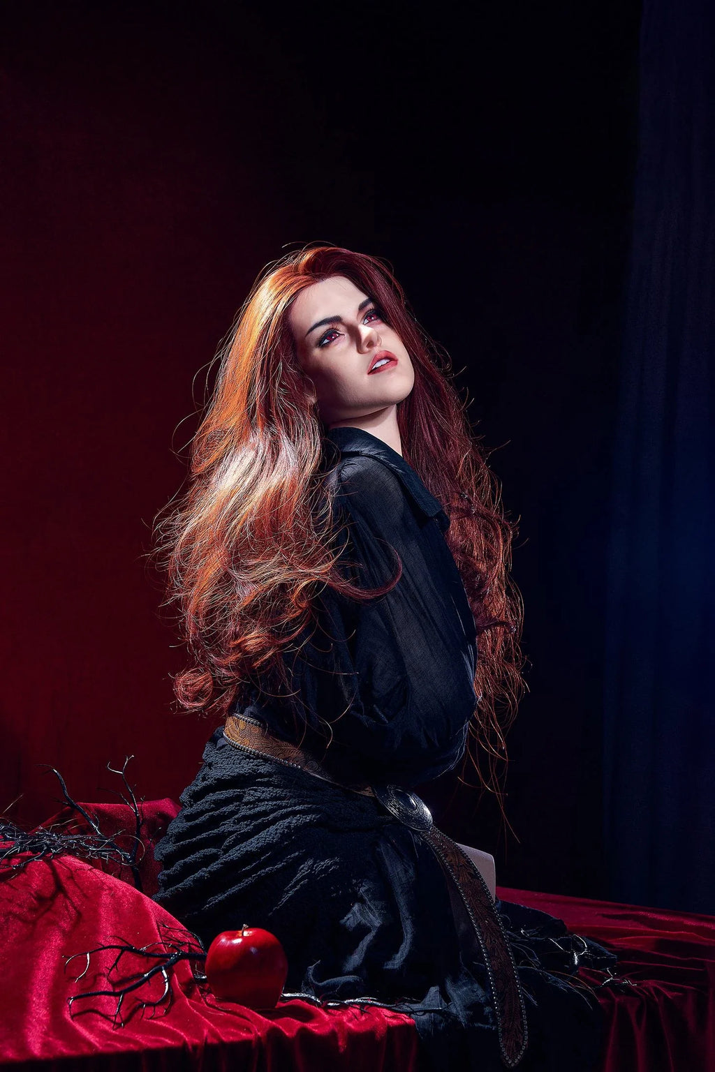 Erovenus Selene silicone torso with auburn hair and black gothic styling, rear three-quarter view