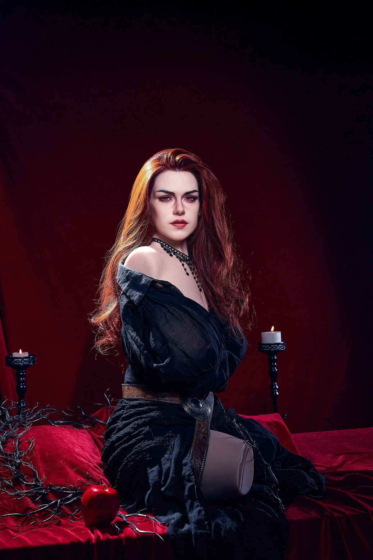 Erovenus Selene silicone torso with auburn hair and black gothic styling, front three-quarter view